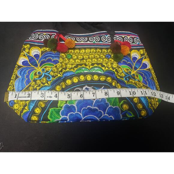 Multi Colored Floral Embroidered Quilt Fabric Hand Bag Purse | 100% Cotton - Picture 6 of 7